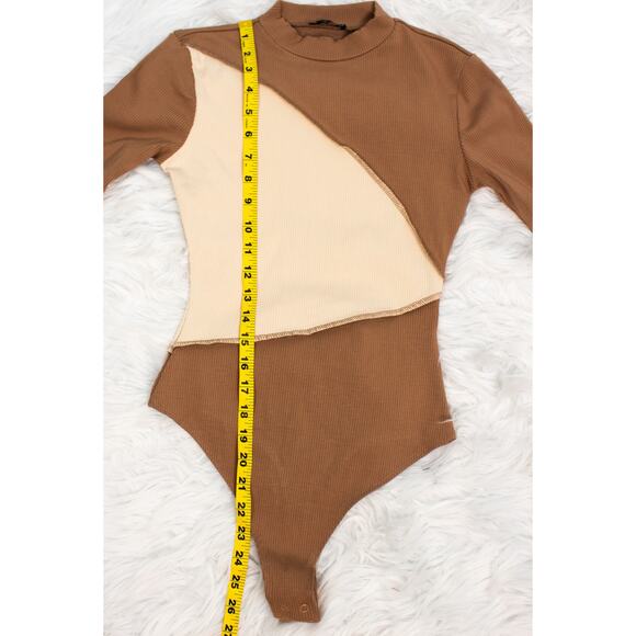 Naked Wardrobe Brown Color Block Ribbed Knit Long Sleeve Bodysuit Size Medium - Picture 11 of 12
